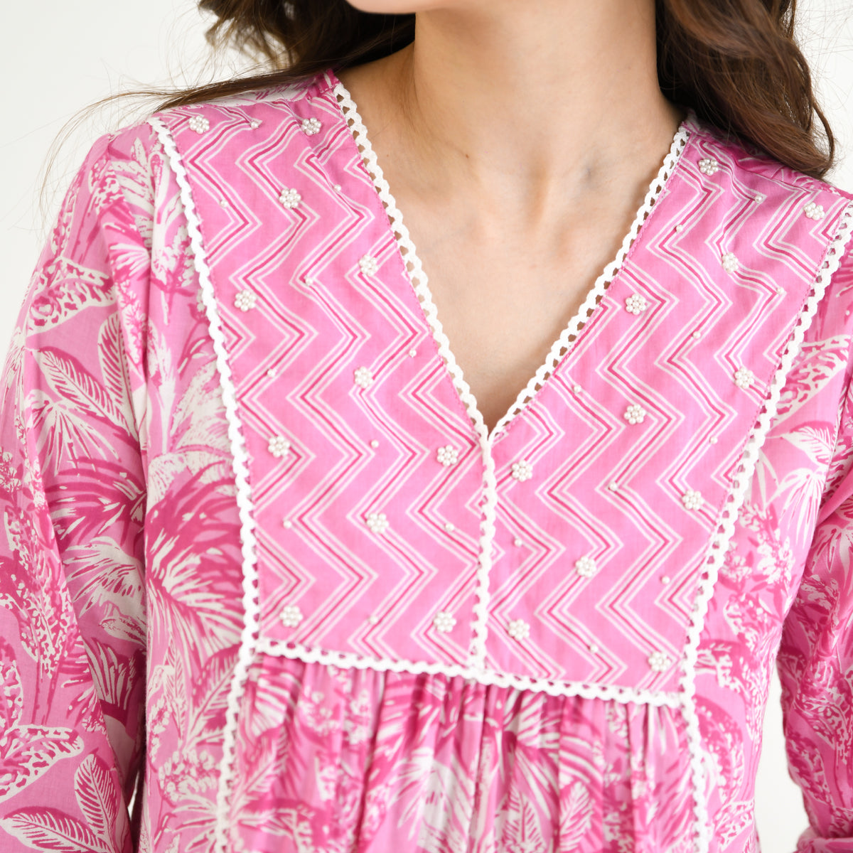 Baby Pink Sanganeri Cotton Co-ord Set with Embroidery & Lace Details