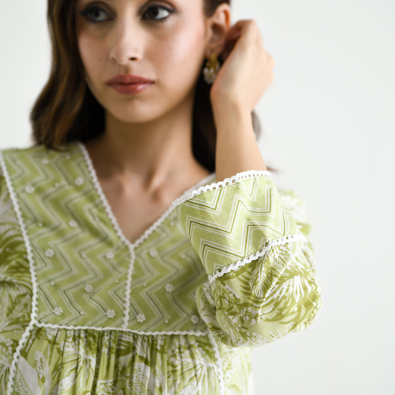 Lime Green Sanganeri Cotton Kurta with Embroidery & Lace Details