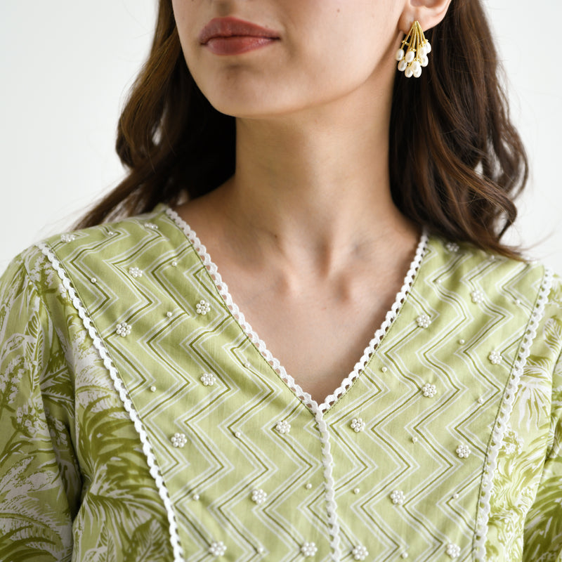 Lime Green Sanganeri Cotton Kurta with Embroidery & Lace Details