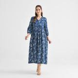 Indigo Contemporary Dabu Inspired Cotton Dress with Wooden Button & Empire Line Panel Detail