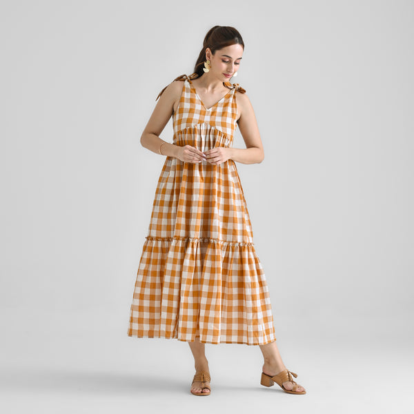 Mustard Woven Tiered Cotton Dress with Shoulder Tie-up Detail