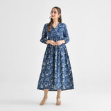Indigo Contemporary Dabu Inspired Cotton Dress with Wooden Button & Empire Line Panel Detail