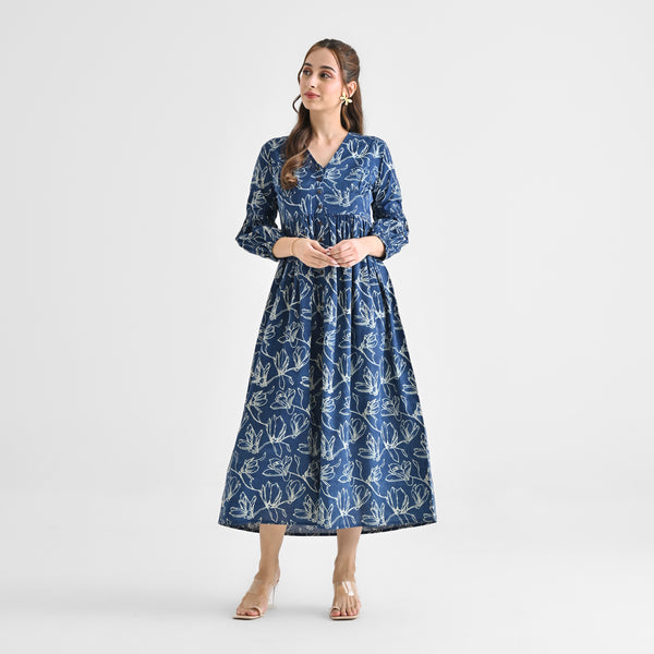 Indigo Contemporary Dabu Inspired Cotton Dress with Wooden Button & Empire Line Panel Detail
