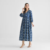 Indigo Contemporary Dabu Inspired Cotton Dress with Wooden Button & Empire Line Panel Detail
