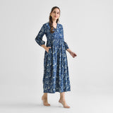 Indigo Contemporary Dabu Inspired Cotton Dress with Wooden Button & Empire Line Panel Detail