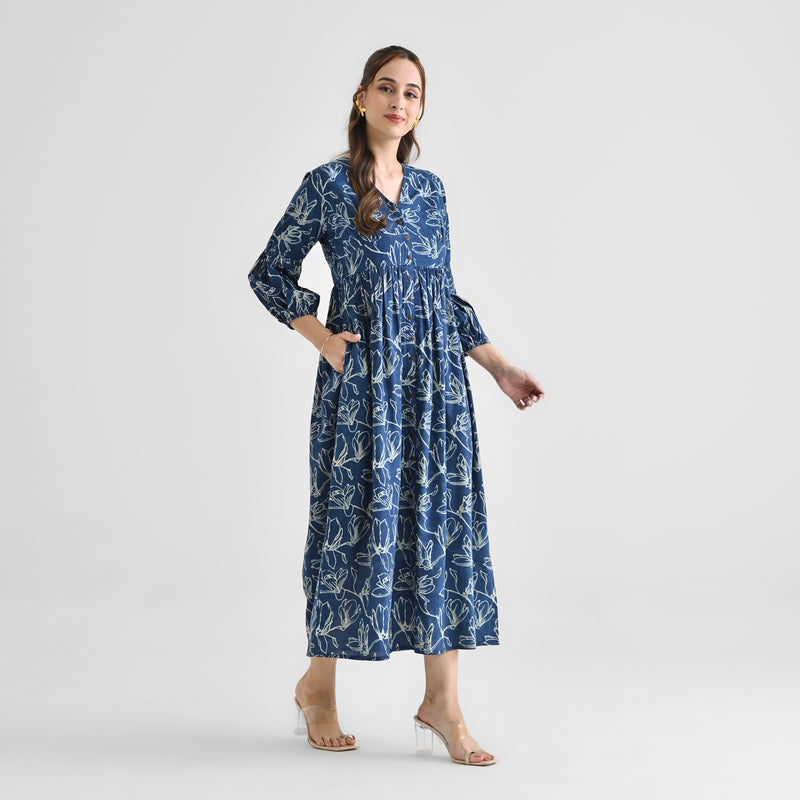 Indigo Contemporary Dabu Inspired Cotton Dress with Wooden Button & Empire Line Panel Detail