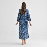 Indigo Contemporary Dabu Inspired Cotton Dress with Wooden Button & Empire Line Panel Detail