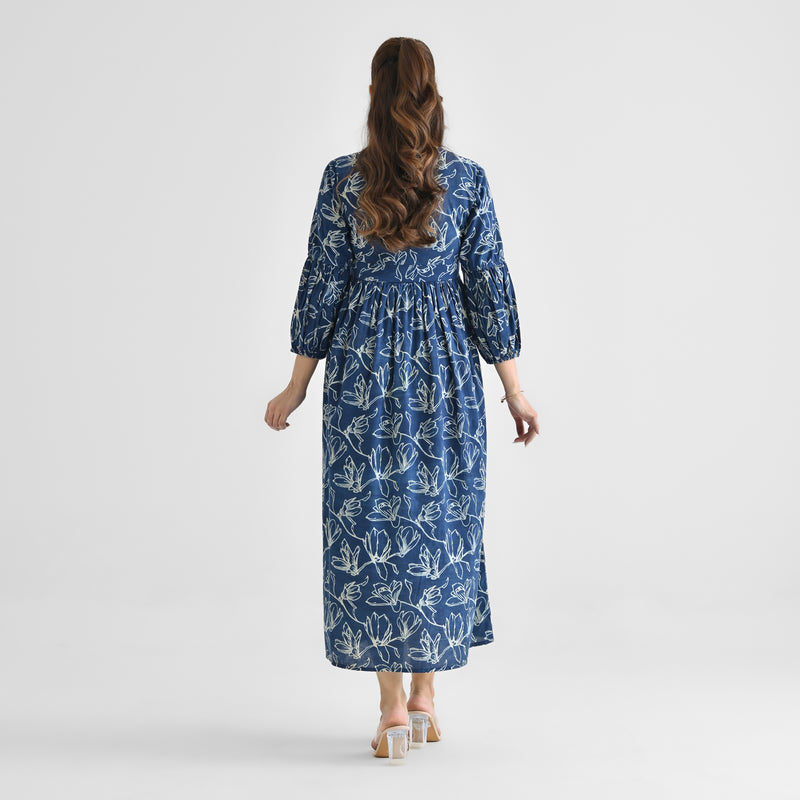 Indigo Contemporary Dabu Inspired Cotton Dress with Wooden Button & Empire Line Panel Detail