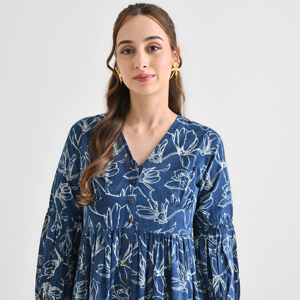Indigo Contemporary Dabu Inspired Cotton Dress with Wooden Button & Empire Line Panel Detail