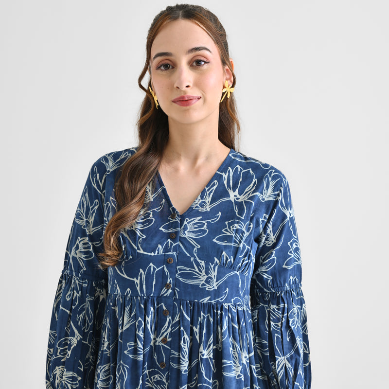 Indigo Contemporary Dabu Inspired Cotton Dress with Wooden Button & Empire Line Panel Detail