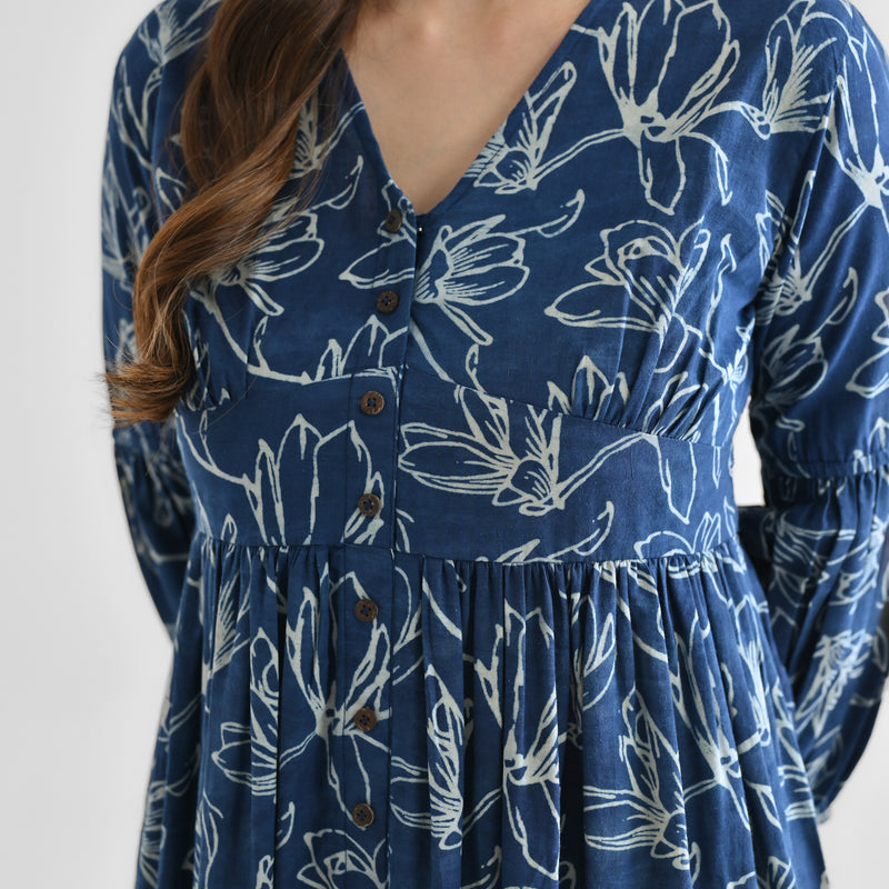 Indigo Contemporary Dabu Inspired Cotton Dress with Wooden Button & Empire Line Panel Detail