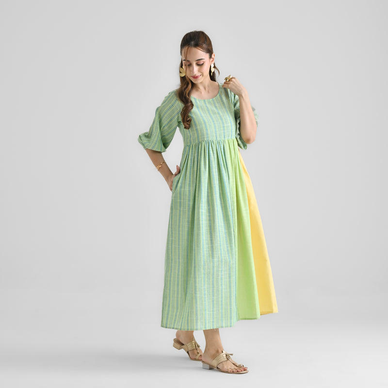 Lime Green Woven Stripe Colour Block Cotton Dress with Gathered Sleeve
