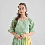Lime Green Woven Stripe Colour Block Cotton Dress with Gathered Sleeve