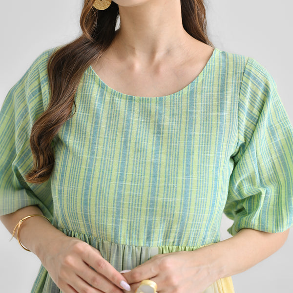 Lime Green Woven Stripe Colour Block Cotton Dress with Gathered Sleeve