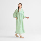 Lime Green Woven Stripe Cotton Kurta With Overlap Neckline & Piping Detail