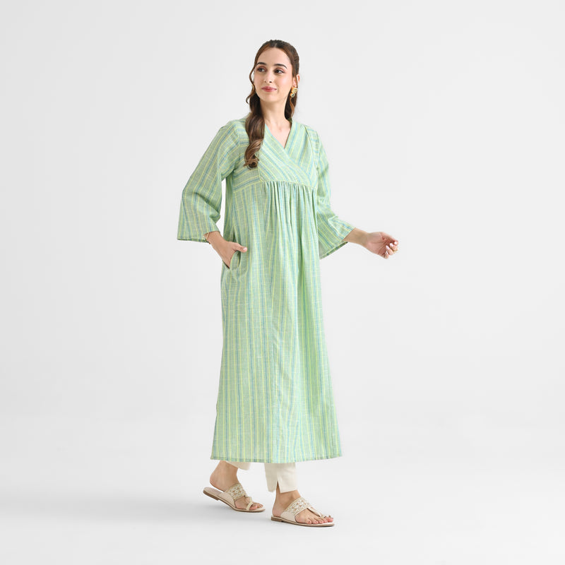 Lime Green Woven Stripe Cotton Kurta With Overlap Neckline & Piping Detail