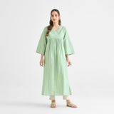 Lime Green Woven Stripe Cotton Kurta With Overlap Neckline & Piping Detail