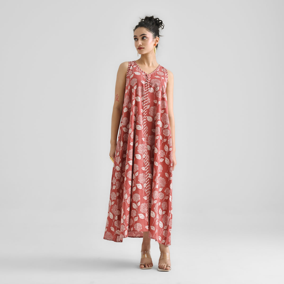 Brick Red Dabu Inspired Floral Sleeveless Dress with Neckline & Centre Front Detail