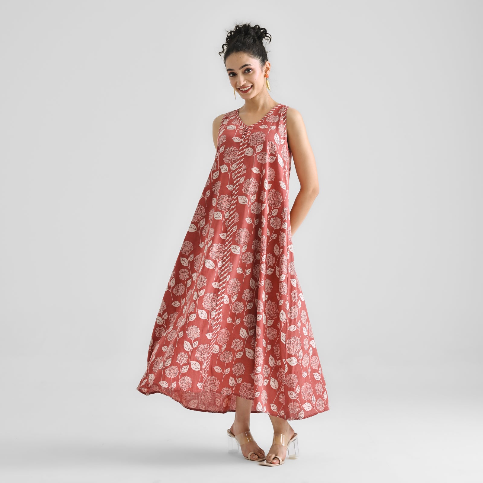 strapless open back dress Buy Brick Red Dabu Inspired Floral Sleeveless Dress with Neckline & Centre