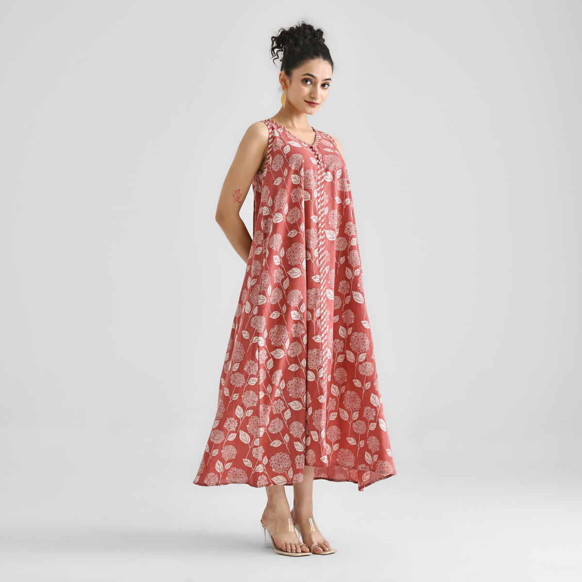 Brick Red Dabu Inspired Floral Sleeveless Dress with Neckline & Centre Front Detail