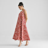 Brick Red Dabu Inspired Floral Sleeveless Dress with Neckline & Centre Front Detail