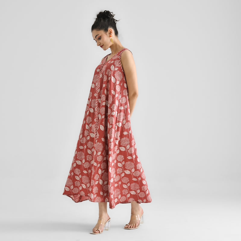 Brick Red Dabu Inspired Floral Sleeveless Dress with Neckline & Centre Front Detail