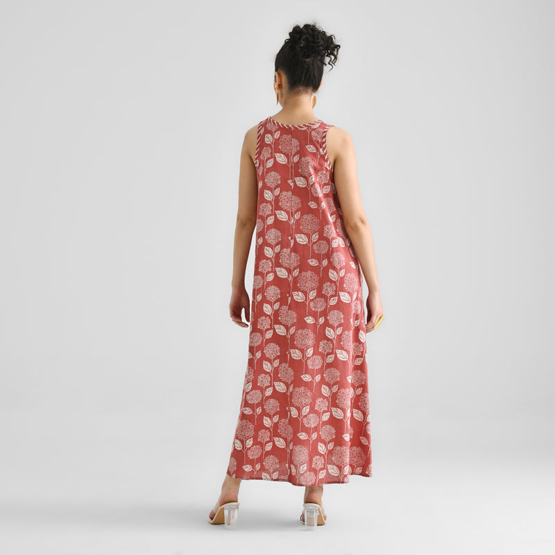 Brick Red Dabu Inspired Floral Sleeveless Dress with Neckline & Centre Front Detail