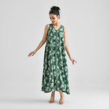Moss Green Dabu Inspired Floral Sleeveless Dress with Neckline & Centre Front Detail