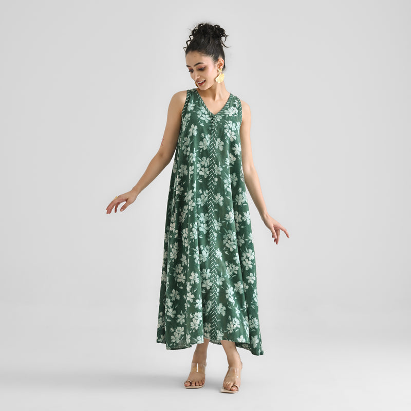 Moss Green Dabu Inspired Floral Sleeveless Dress with Neckline & Centre Front Detail