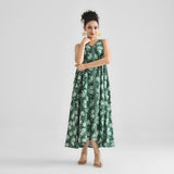Moss Green Dabu Inspired Floral Sleeveless Dress with Neckline & Centre Front Detail