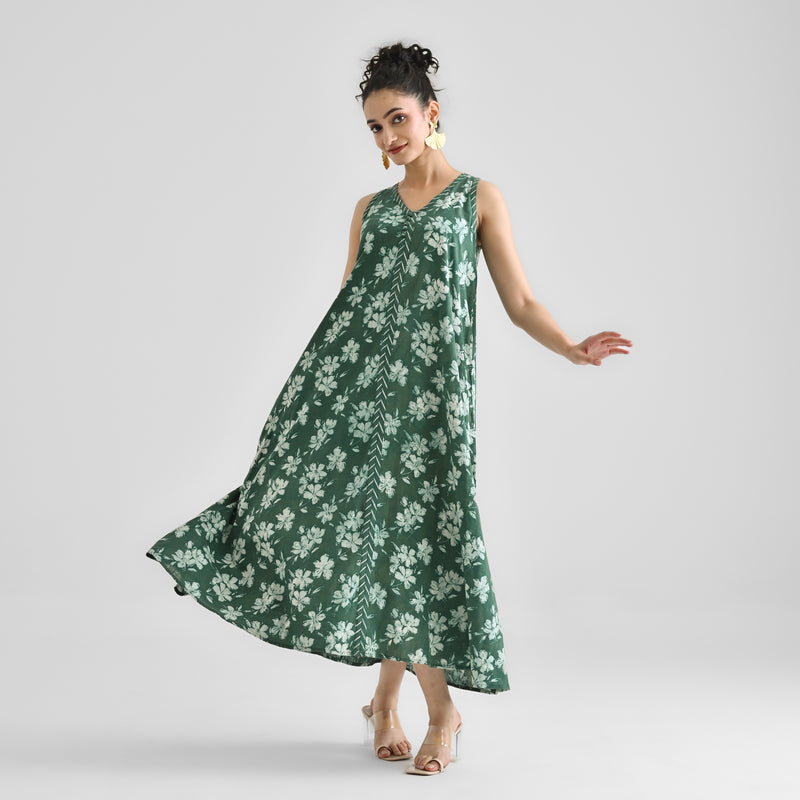 Moss Green Dabu Inspired Floral Sleeveless Dress with Neckline & Centre Front Detail