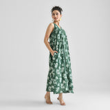 Moss Green Dabu Inspired Floral Sleeveless Dress with Neckline & Centre Front Detail