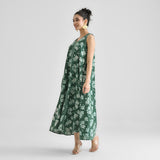 Moss Green Dabu Inspired Floral Sleeveless Dress with Neckline & Centre Front Detail