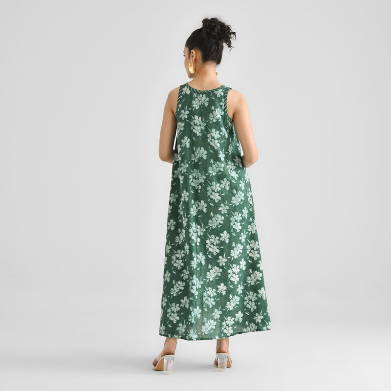 Moss Green Dabu Inspired Floral Sleeveless Dress with Neckline & Centre Front Detail