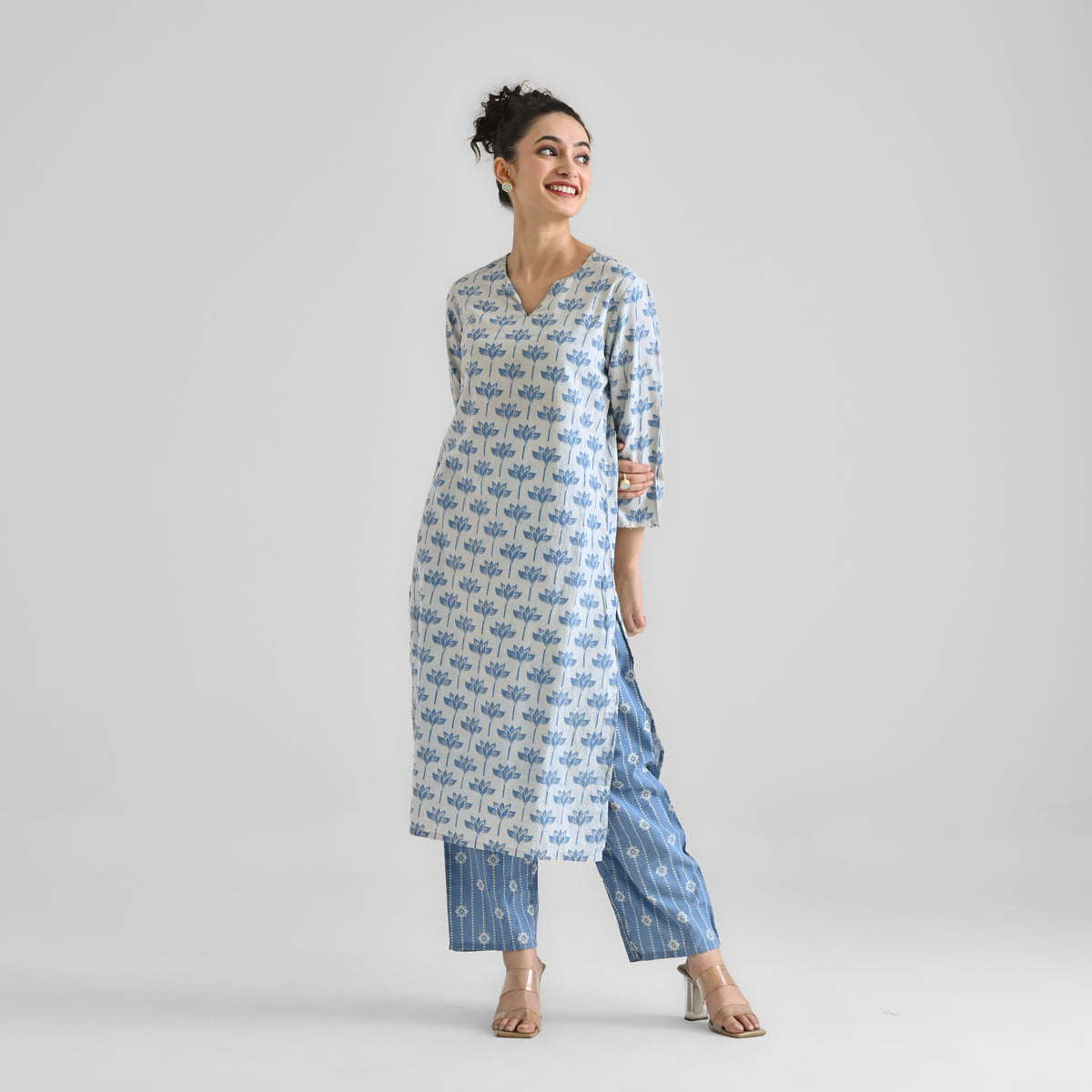 Light Blue Lotus Dabu Inspired Cotton Co-ord Set with Notch Neckline