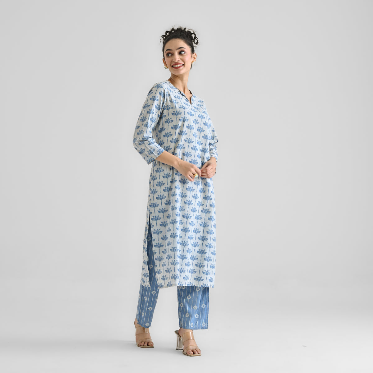 Light Blue Lotus Dabu Inspired Cotton Co-ord Set with Notch Neckline