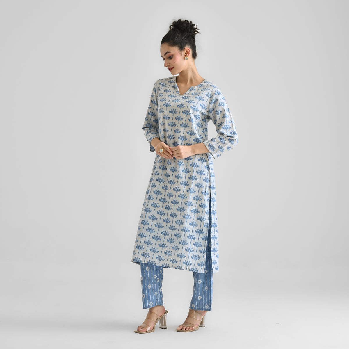 Light Blue Lotus Dabu Inspired Cotton Co-ord Set with Notch Neckline