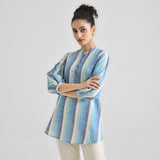 Sky Blue Multicolour Woven Cotton Tunic with Puff Sleeve
