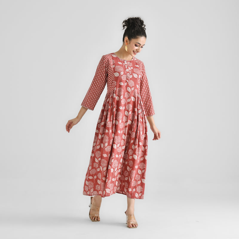 Buy Brick Red Floral & Striped Dabu Inspired Cotton Dress with Side Gather | Rustorange Buy Brick Red Floral & Striped Dabu Inspired Cotton Dress with Side Gather | Rustorange