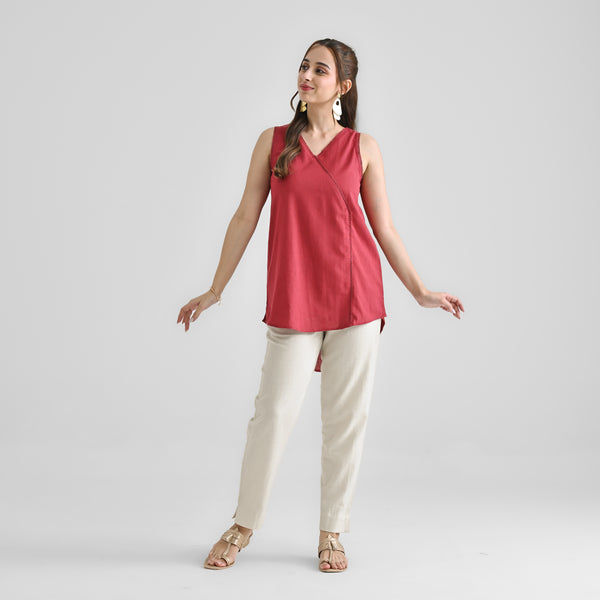 Maroon Linen Cotton Sleeveless Tunic with Lace Detail