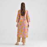 Dusty Pink Floral Sanganeri Inspired Cotton Kurta with Lace Detail