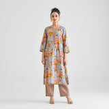 Powder Blue Floral Sanganeri Inspired Cotton Kurta with Lace Detail