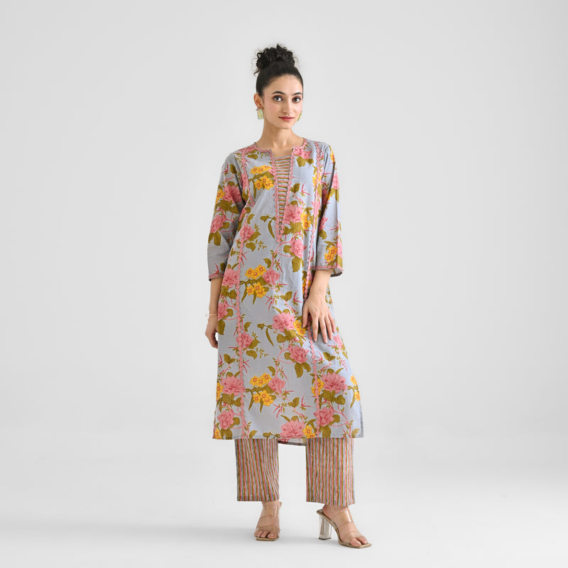 Powder Blue Floral Sanganeri Inspired Cotton Kurta with Lace Detail