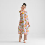 Powder Blue Floral Sanganeri Inspired Cotton Kurta with Lace Detail