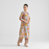 Powder Blue Floral Sanganeri Inspired Cotton Kurta with Lace Detail