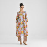 Powder Blue Floral Sanganeri Inspired Cotton Kurta with Lace Detail