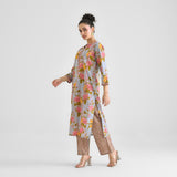 Powder Blue Floral Sanganeri Inspired Cotton Kurta with Lace Detail