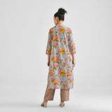 Powder Blue Floral Sanganeri Inspired Cotton Kurta with Lace Detail