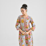 Powder Blue Floral Sanganeri Inspired Cotton Kurta with Lace Detail