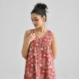 Brick Red Dabu Inspired Floral Sleeveless Dress with Neckline & Centre Front Detail